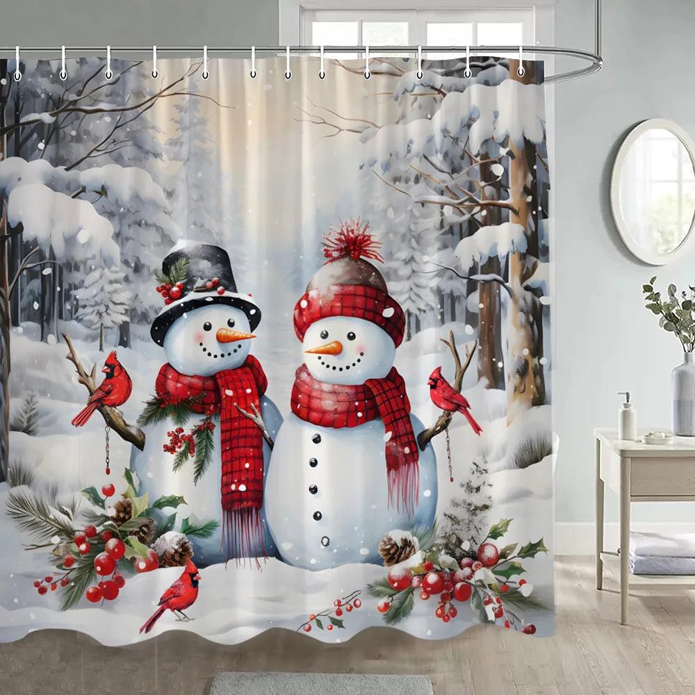 Weihnachten Schneemann Duschvorhang Winterwald Rote Beere Vögel Schneebedeckte Szene Weihnachten Badezimmervorhänge Stoff Wandbehang Badezimmerdeko 90x180cm-35x70in von Joom DACH