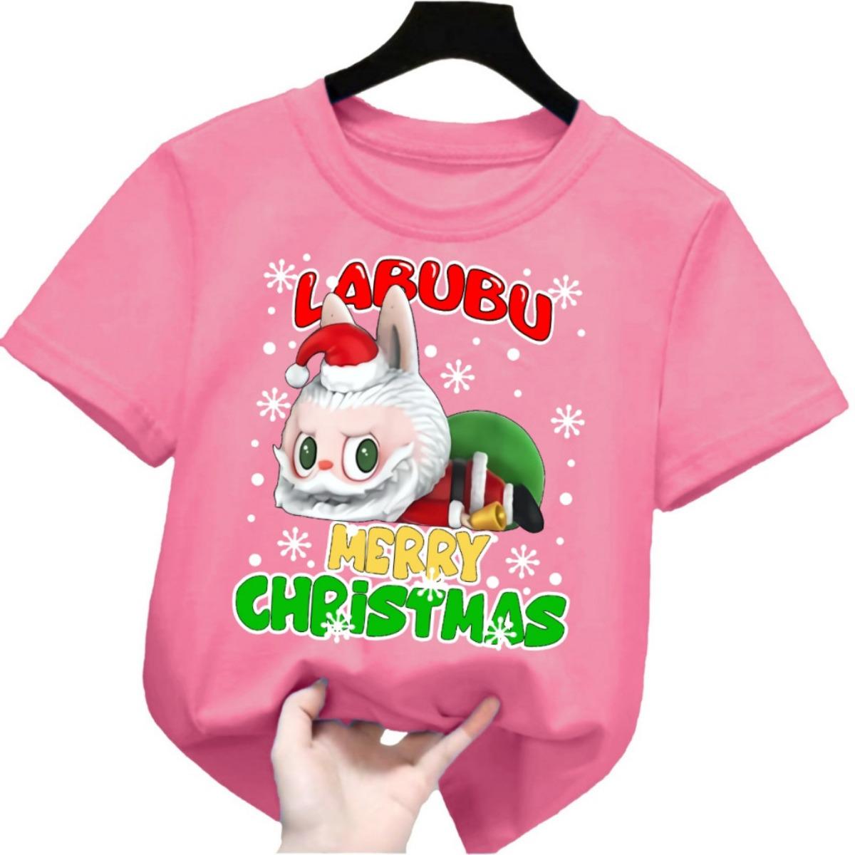 Weihnachten neu Labubu Weihnachtsmann mehrfarbig Rundhalsausschnitt Kurzarm Cartoon-Druck geeignet für Männer und Frauen S von Joom DACH