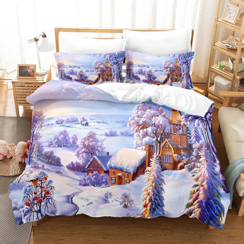 Weihnachts-Bettbezug-Set Eislaufen Fröhlicher Schneemann Weihnachtsbaum Fröhliche Verschnörkelte Schneeflocken Dekoratives Bettwäsche-Set mit Kissenbezügen EU Single 135x200cm von Joom DACH