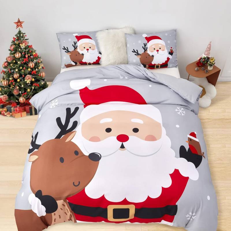 Weihnachts-Bettbezug-Set Queen-Size-Bettwäsche Bettdeckenbezug Santa Schneeflocke Weihnachtsmann-Muster für Kinderzimmer-Dekorationen EU single(135x200cm) von Joom DACH
