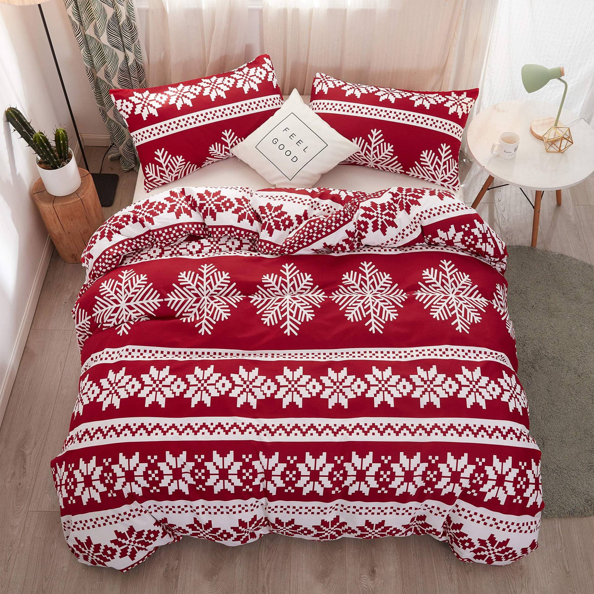 Weihnachts-Bettbezug-Set Queen-Size-Bettwäsche-Set Schneeflocke Rot Bettwäsche-Set Luxus-Feiertag Frohe Weihnachten zur Schlafzimmerdekoration EU 135x200cm 2PCS von Joom DACH