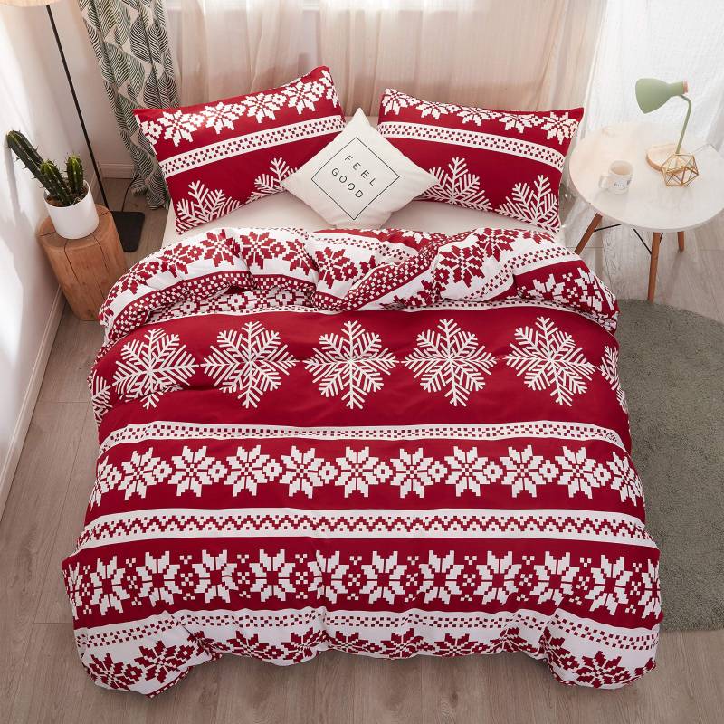 Weihnachts-Bettbezug-Set Queen-Size-Bettwäsche-Set Schneeflocke Rot Bettwäsche-Set Luxus-Feiertag Frohe Weihnachten zur Schlafzimmerdekoration EU 135x200cm 2PCS von Joom DACH
