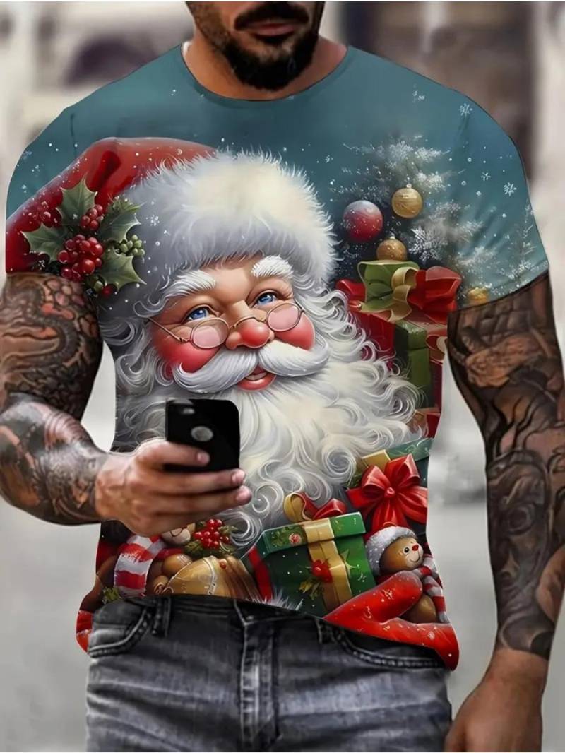 Weihnachts Herren T-Shirt 3D Druck Niedliches Weihnachtsmann Muster Kurzarm T-Shirt Feiertagsmode Top Bequeme Herrenbekleidung 6XL von Joom DACH