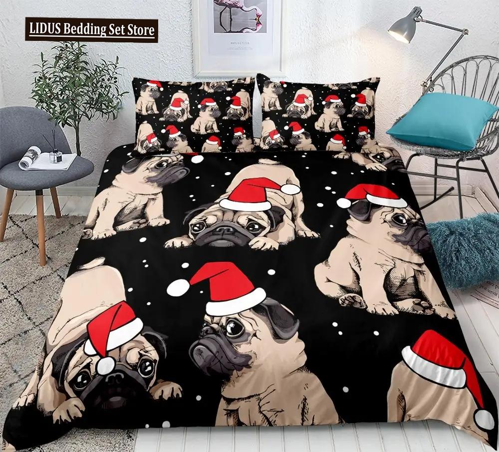 Weihnachts Mops Bettbezug Set Niedliches Hundemuster Bettwäsche Set 3-teilig Für Bettwäsche Set Schwarz Heimtextilien Für Jungen Mädchen EU single(135x200cm) von Joom DACH