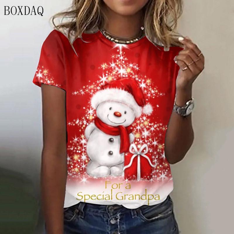 Weihnachts-Schneemann-Cartoon-Stil Damenmode T-Shirts Kurzarm 3D-Druck Festival Street Damen Tops Übergröße 3XL L von Joom DACH