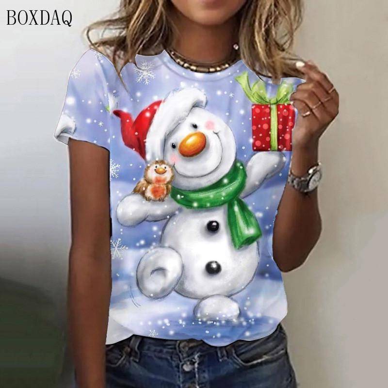 Weihnachts-Schneemann-Cartoon-Stil Damenmode T-Shirts Kurzarm 3D-Druck Festival Street Damen Tops Übergröße 3XL L von Joom DACH