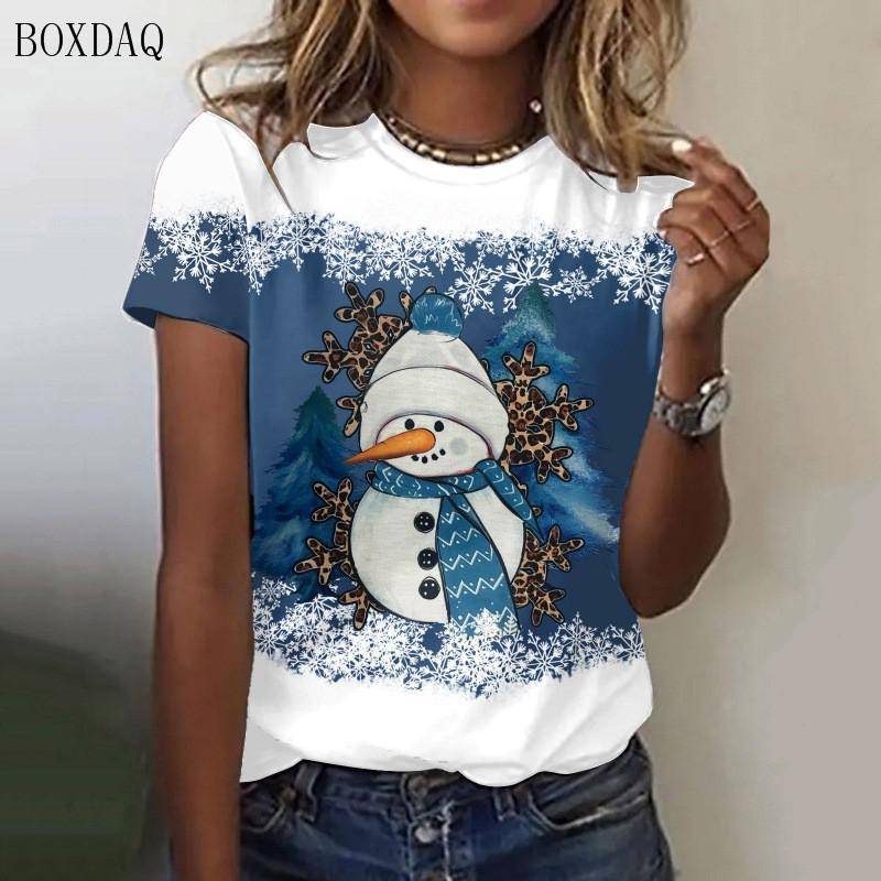 Weihnachts-Schneemann-Cartoon-Stil Damenmode T-Shirts Kurzarm 3D-Druck Festival Street Damen Tops Übergröße 3XL M von Joom DACH