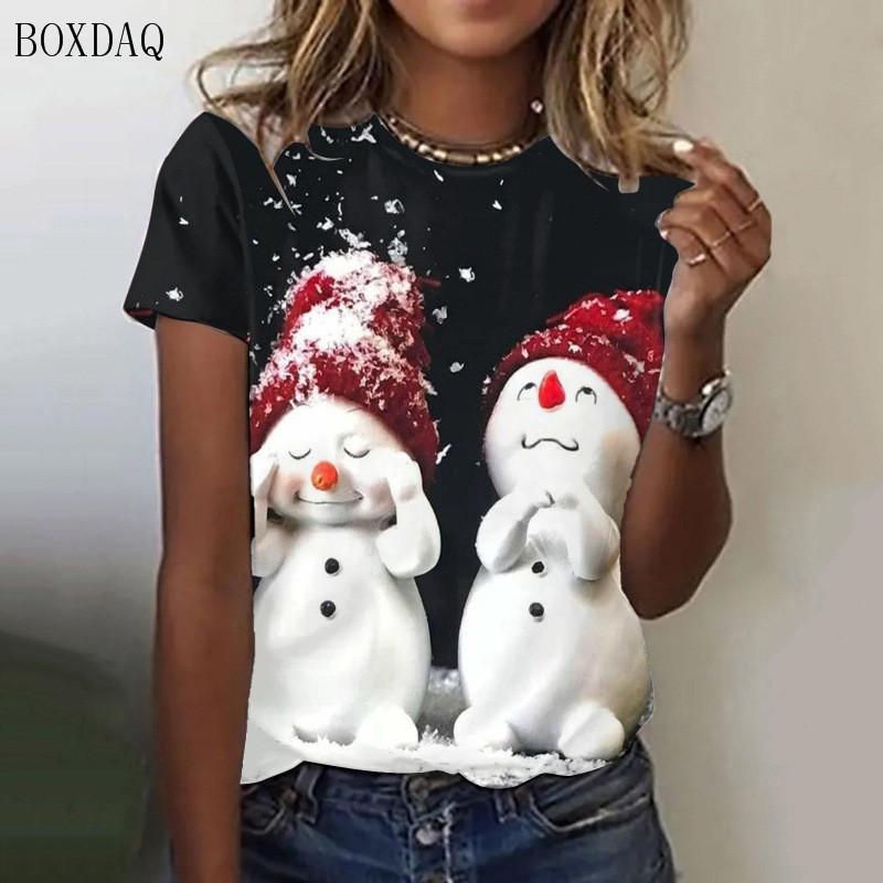 Weihnachts-Schneemann-Cartoon-Stil Damenmode T-Shirts Kurzarm 3D-Druck Festival Street Damen Tops Übergröße 3XL M von Joom DACH