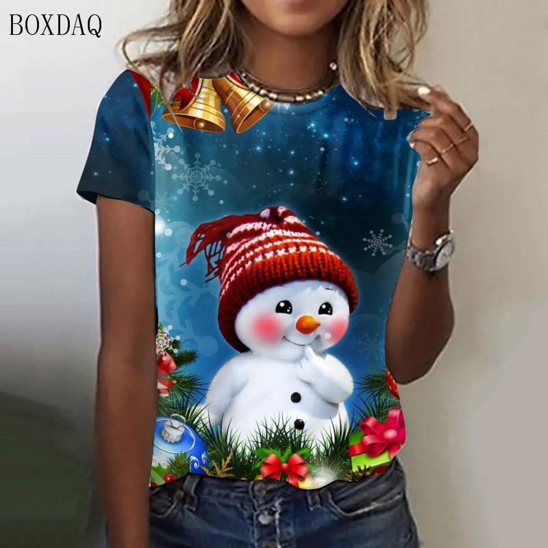 Weihnachts-Schneemann-Cartoon-Stil Damenmode T-Shirts Kurzarm 3D-Druck Festival Street Damen Tops Übergröße 3XL M von Joom DACH