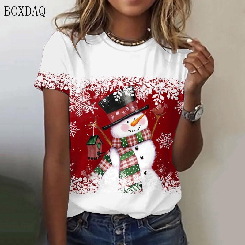 Weihnachts-Schneemann-Cartoon-Stil Damenmode T-Shirts Kurzarm 3D-Druck Festival Street Damen Tops Übergröße 3XL XL von Joom DACH