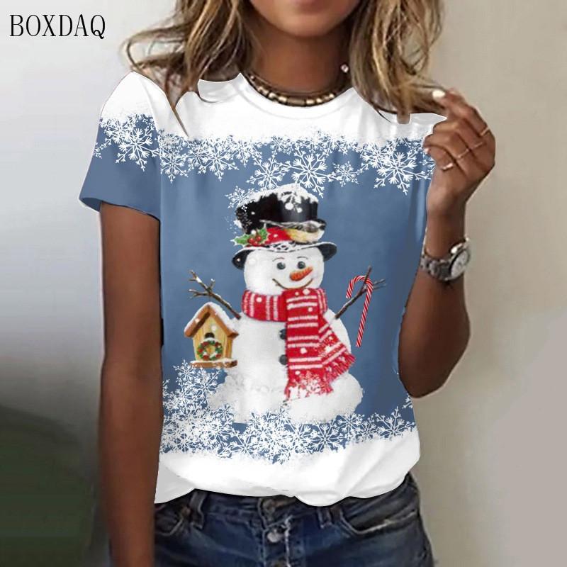 Weihnachts-Schneemann-Cartoon-Stil Damenmode T-Shirts Kurzarm 3D-Druck Festival Street Damen Tops Übergröße 3XL XL von Joom DACH