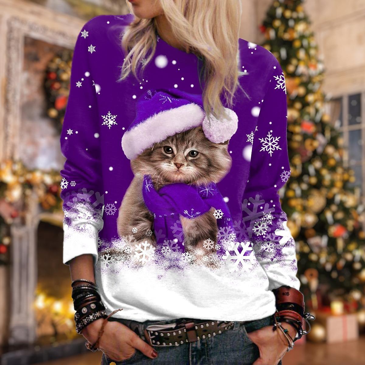 Weihnachts-Sweatshirt für Damen, Katzen-Sportbekleidung, Urlaubsdruck, weihnachtlich, lässig, Rundhalsausschnitt, langärmelig, Micro-Stretch, 6XL 2XL von Joom DACH
