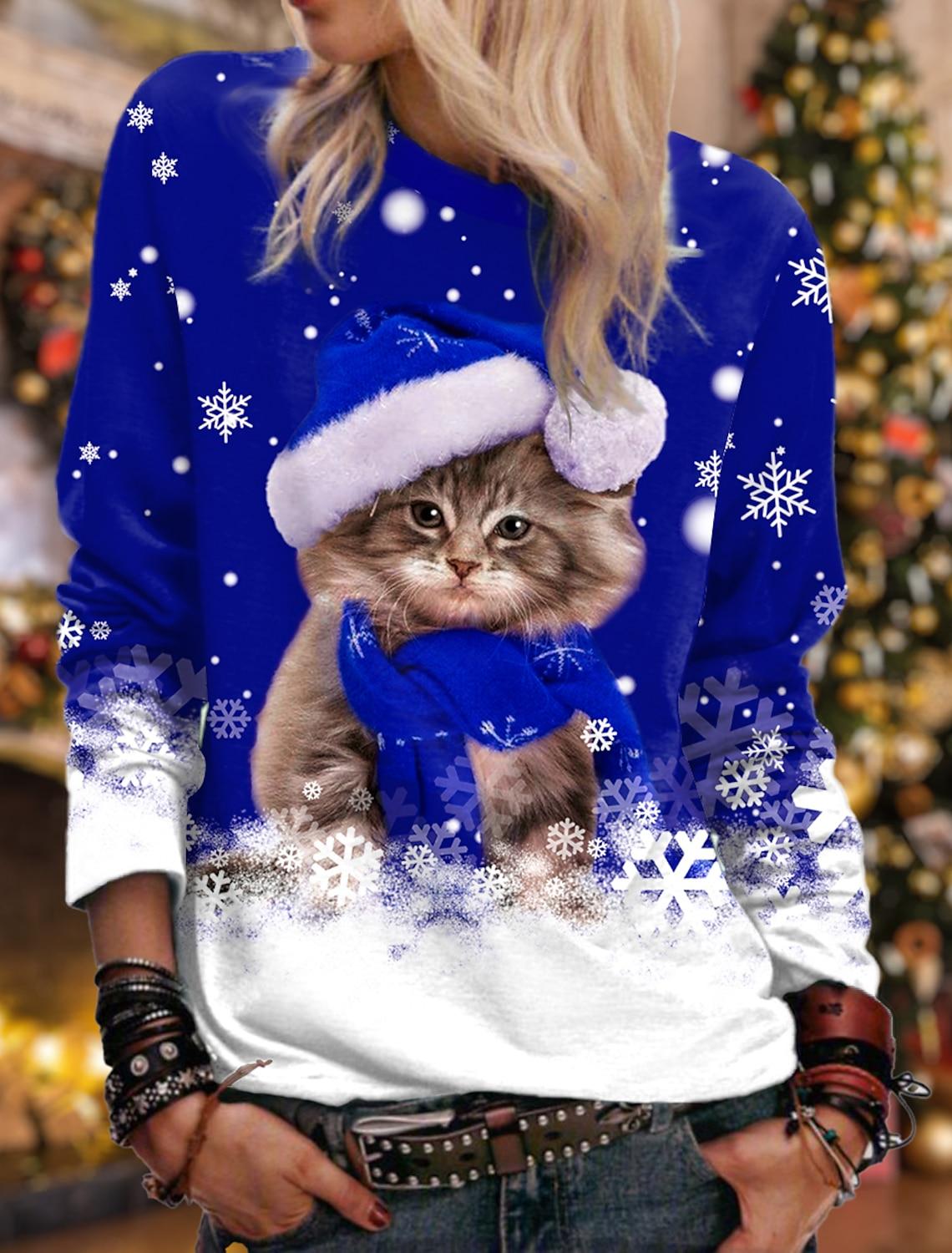 Weihnachts-Sweatshirt für Damen, Katzen-Sportbekleidung, Urlaubsdruck, weihnachtlich, lässig, Rundhalsausschnitt, langärmelig, Micro-Stretch, 6XL 3XL von Joom DACH