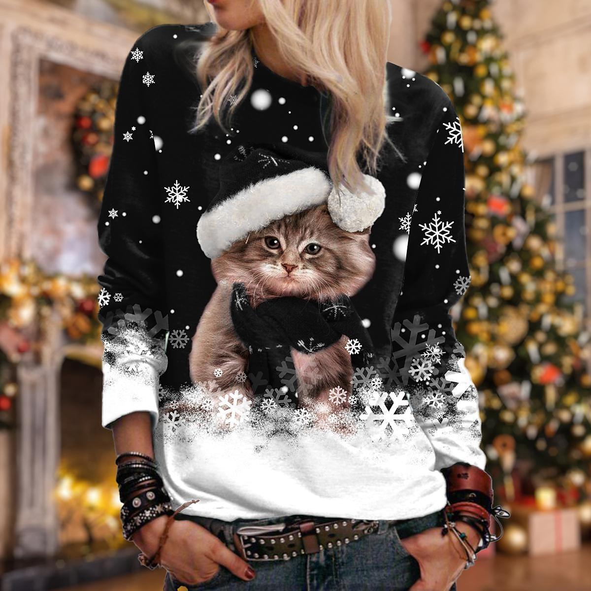 Weihnachts-Sweatshirt für Damen, Katzen-Sportbekleidung, Urlaubsdruck, weihnachtlich, lässig, Rundhalsausschnitt, langärmelig, Micro-Stretch, 6XL 8XL von Joom DACH