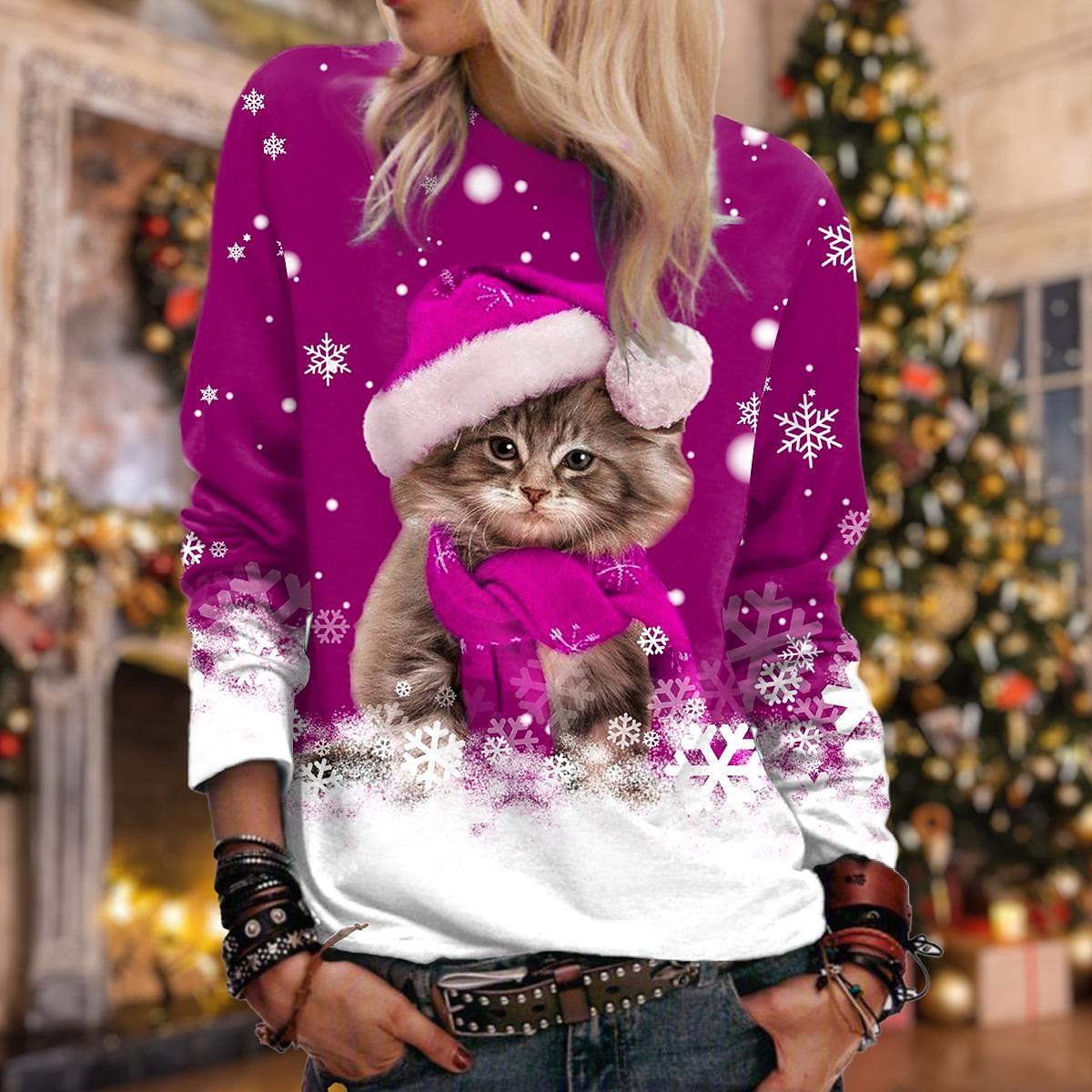 Weihnachts-Sweatshirt für Damen, Katzen-Sportbekleidung, Urlaubsdruck, weihnachtlich, lässig, Rundhalsausschnitt, langärmelig, Micro-Stretch, 6XL L von Joom DACH