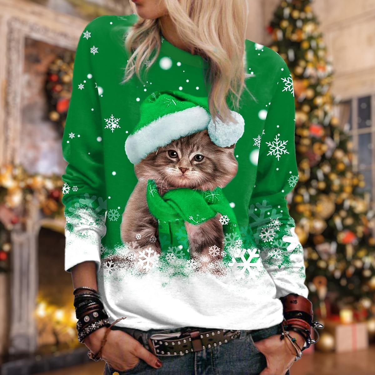 Weihnachts-Sweatshirt für Damen, Katzen-Sportbekleidung, Urlaubsdruck, weihnachtlich, lässig, Rundhalsausschnitt, langärmelig, Micro-Stretch, 6XL S von Joom DACH