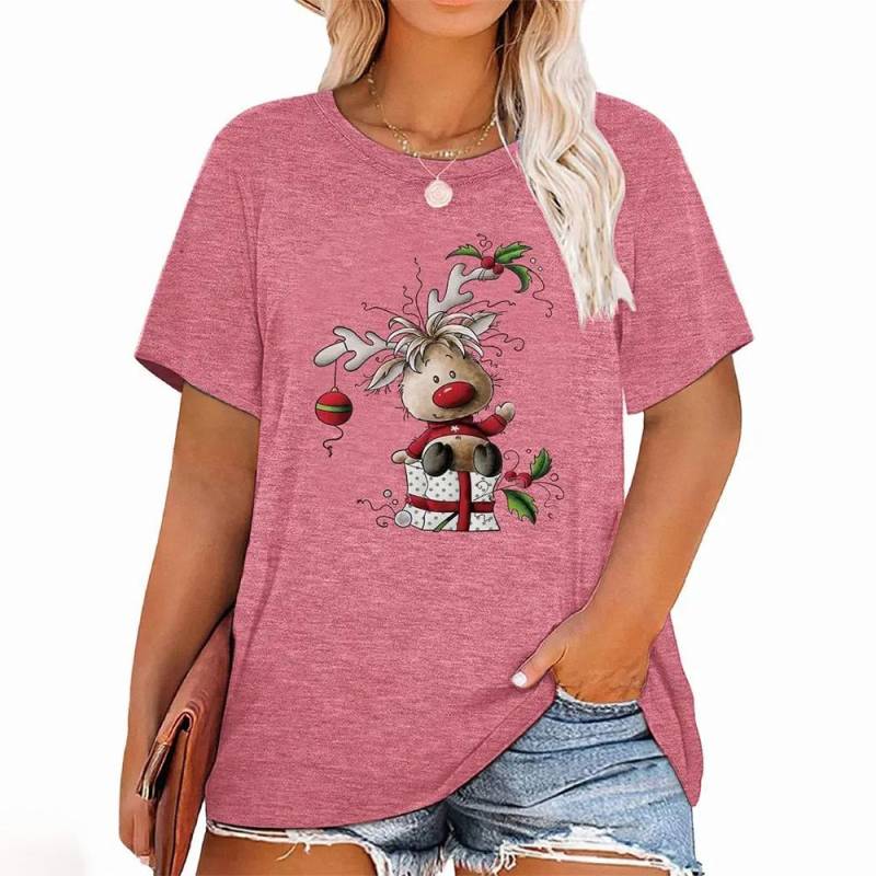 Weihnachts-T-Shirts für Damen, mit Cartoon-Weihnachtsmann-Aufdruck, kurzärmlig, O-Ausschnitt, legere Partykleidung, übergroße Damenoberteile 2XL von Joom DACH