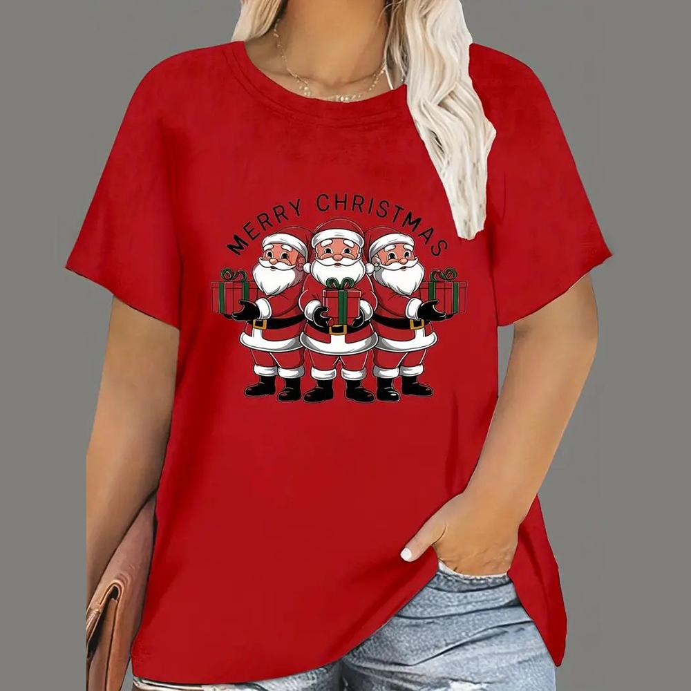 Weihnachts-T-Shirts für Damen, mit Cartoon-Weihnachtsmann-Aufdruck, kurzärmlig, O-Ausschnitt, legere Partykleidung, übergroße Damenoberteile 2XL von Joom DACH