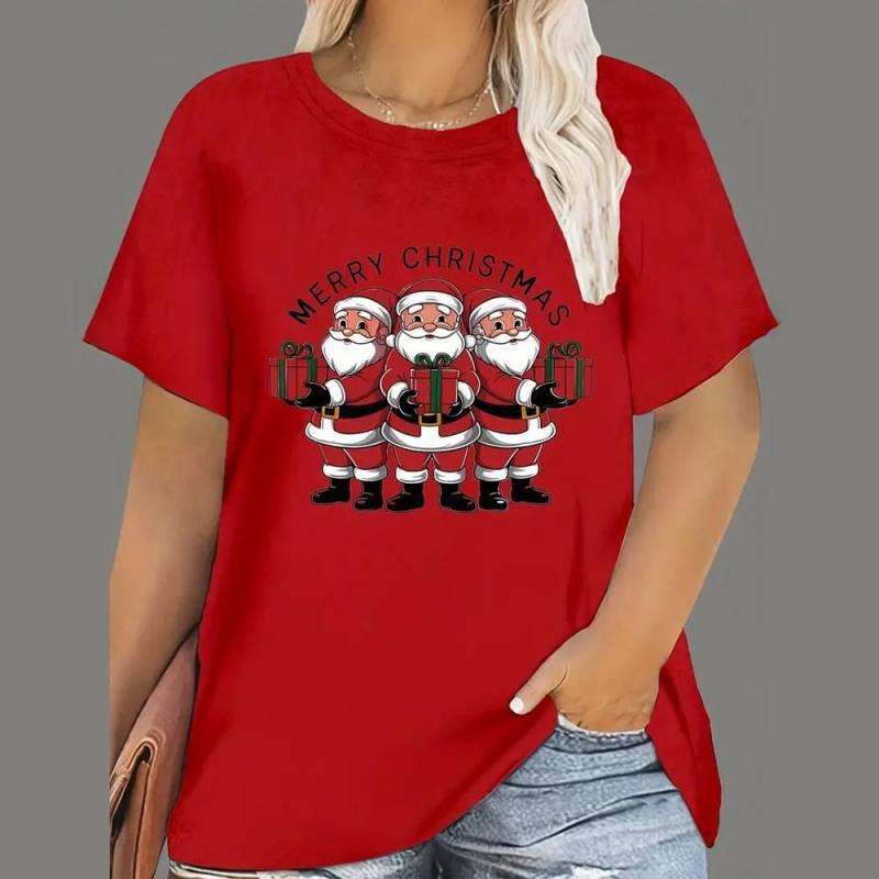 Weihnachts-T-Shirts für Damen, mit Cartoon-Weihnachtsmann-Aufdruck, kurzärmlig, O-Ausschnitt, legere Partykleidung, übergroße Damenoberteile 2XL von Joom DACH