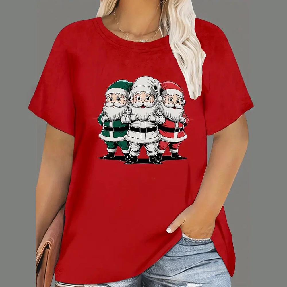Weihnachts-T-Shirts für Damen, mit Cartoon-Weihnachtsmann-Aufdruck, kurzärmlig, O-Ausschnitt, legere Partykleidung, übergroße Damenoberteile 3XL von Joom DACH
