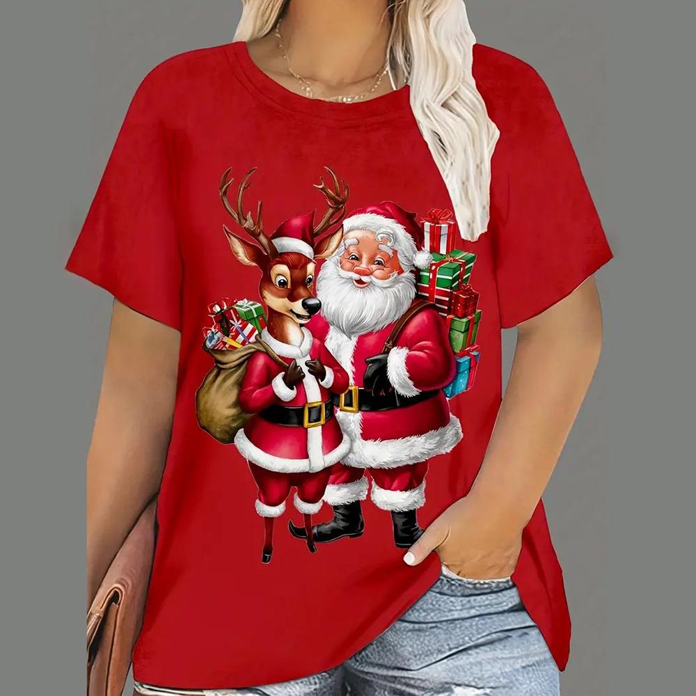 Weihnachts-T-Shirts für Damen, mit Cartoon-Weihnachtsmann-Aufdruck, kurzärmlig, O-Ausschnitt, legere Partykleidung, übergroße Damenoberteile 4XL von Joom DACH