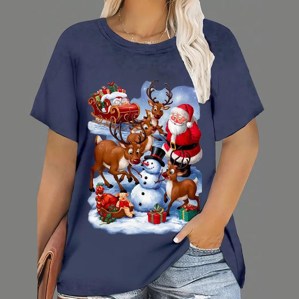 Weihnachts-T-Shirts für Damen, mit Cartoon-Weihnachtsmann-Aufdruck, kurzärmlig, O-Ausschnitt, legere Partykleidung, übergroße Damenoberteile 4XL von Joom DACH