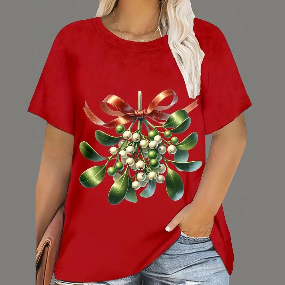 Weihnachts-T-Shirts für Damen, mit Cartoon-Weihnachtsmann-Aufdruck, kurzärmlig, O-Ausschnitt, legere Partykleidung, übergroße Damenoberteile 6XL von Joom DACH
