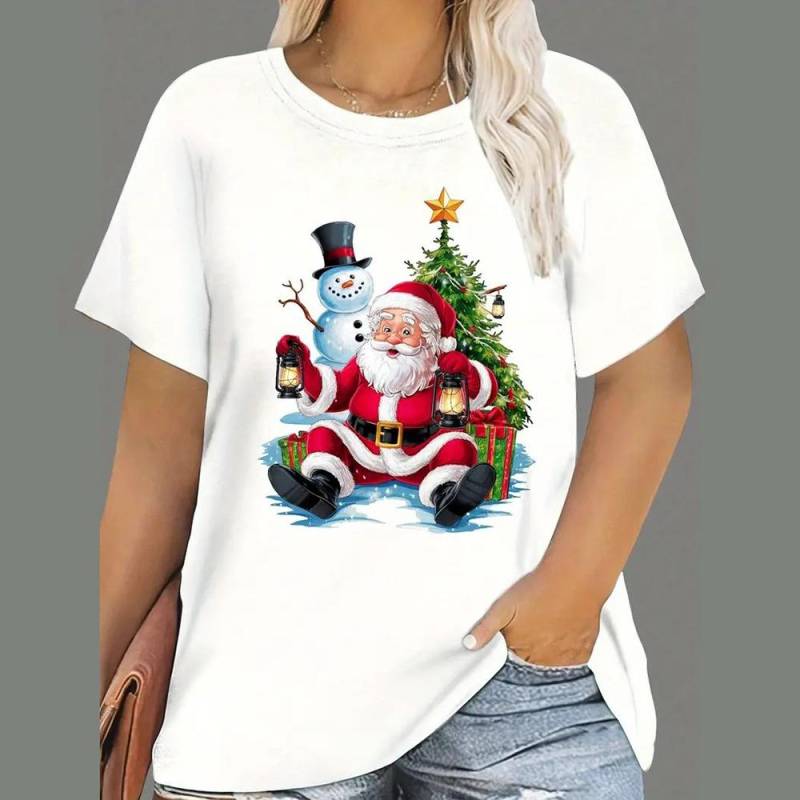 Weihnachts-T-Shirts für Damen, mit Cartoon-Weihnachtsmann-Aufdruck, kurzärmlig, O-Ausschnitt, legere Partykleidung, übergroße Damenoberteile 8XL von Joom DACH