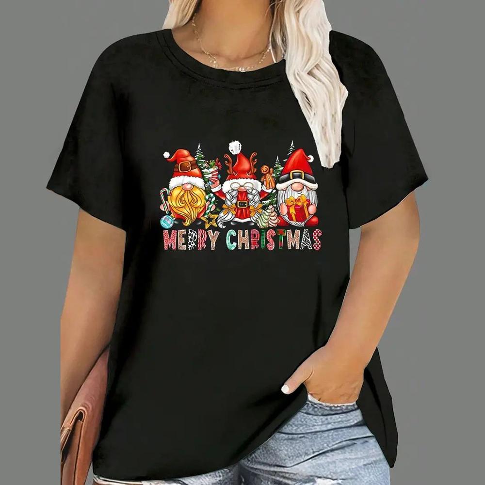 Weihnachts-T-Shirts für Damen, mit Cartoon-Weihnachtsmann-Aufdruck, kurzärmlig, O-Ausschnitt, legere Partykleidung, übergroße Damenoberteile L von Joom DACH