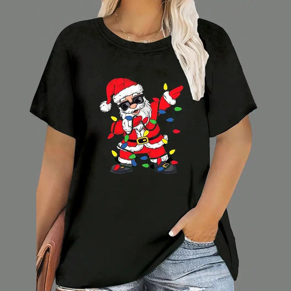 Weihnachts-T-Shirts für Damen, mit Cartoon-Weihnachtsmann-Aufdruck, kurzärmlig, O-Ausschnitt, legere Partykleidung, übergroße Damenoberteile M von Joom DACH