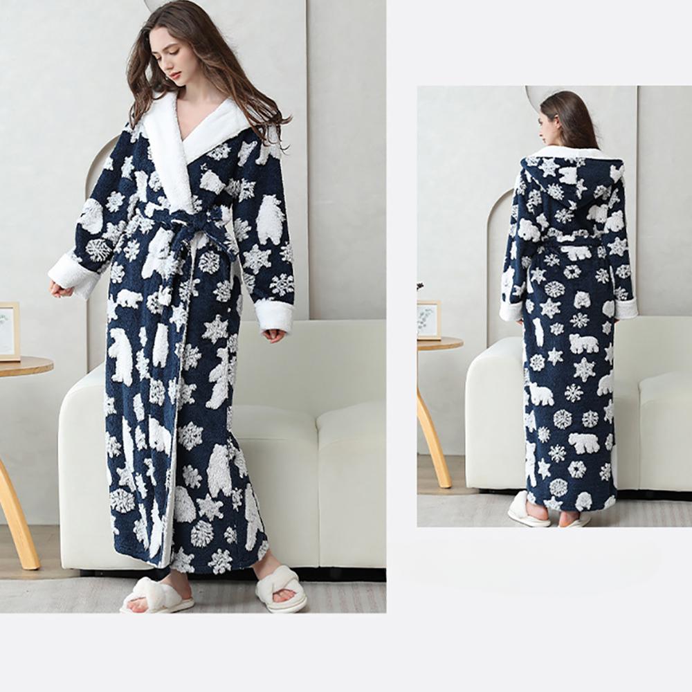 Weihnachts-Winter-Flanell-Thermo-Nachthemd mit Kapuze für Frauen, verdickter weicher Pyjama, Schneeflocken-Cartoon-Jacquard-Bademantel XL von Joom DACH