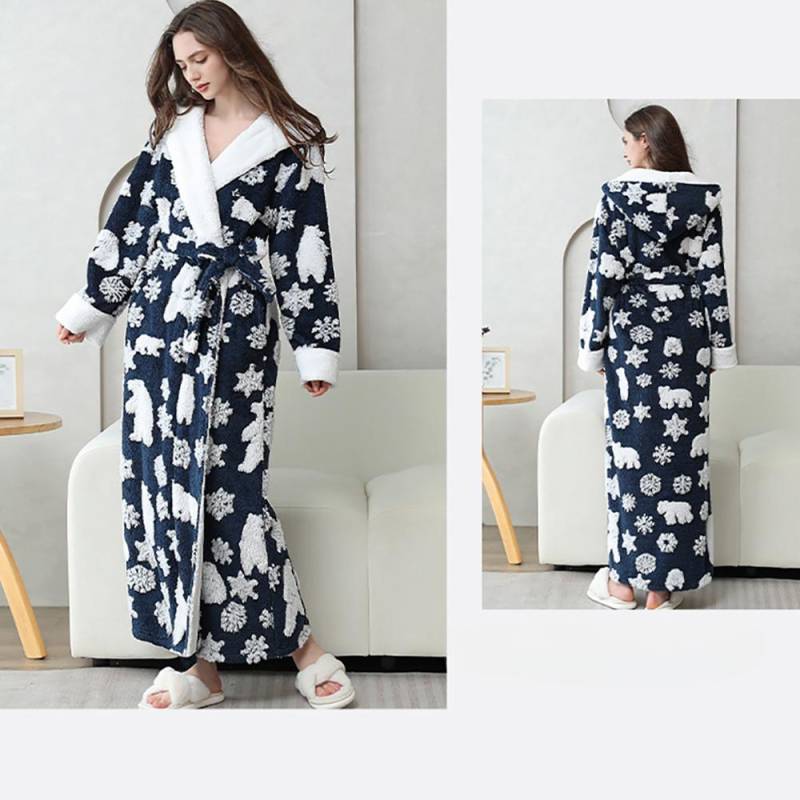 Weihnachts-Winter-Flanell-Thermo-Nachthemd mit Kapuze für Frauen, verdickter weicher Pyjama, Schneeflocken-Cartoon-Jacquard-Bademantel XL von Joom DACH