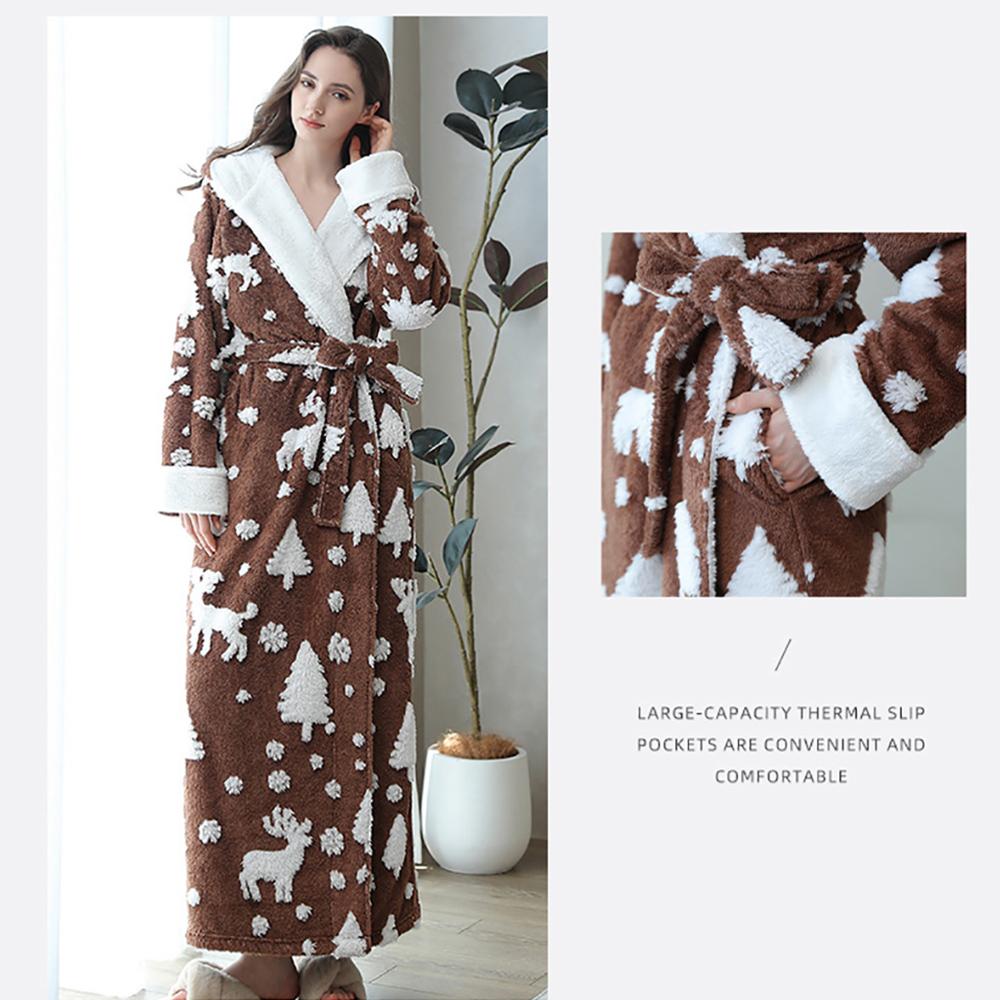 Weihnachts-Winter-Flanell-Thermo-Nachthemd mit Kapuze für Frauen, verdickter weicher Pyjama, Schneeflocken-Cartoon-Jacquard-Bademantel XL von Joom DACH