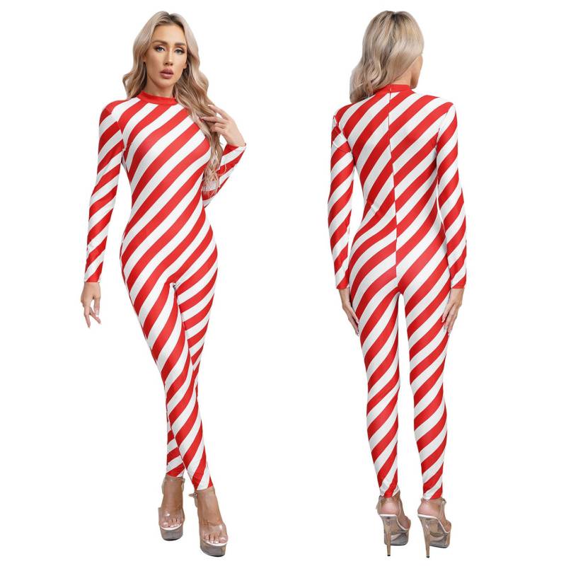Weihnachts-Zuckerstangen-Kostüm für Damen, Overall, Weihnachten, gestreift, einteiliger Body, Weihnachtsparty, Clubwear M von Joom DACH