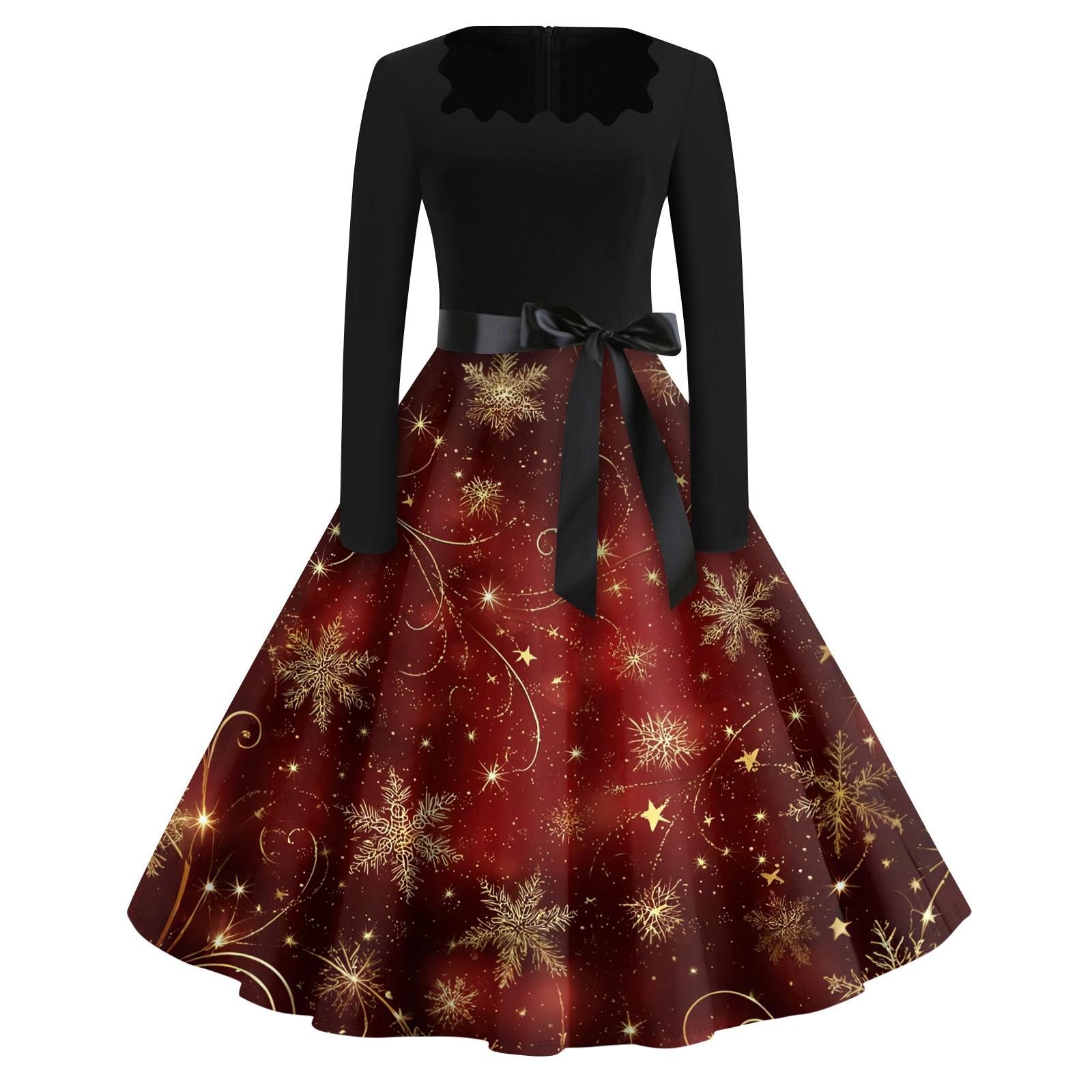 Weihnachtsdruck Flare-Kleid für Damen Langarmkleid Ausgeschnitten Party Casual Karreeausschnitt Kleider L gold von Joom DACH