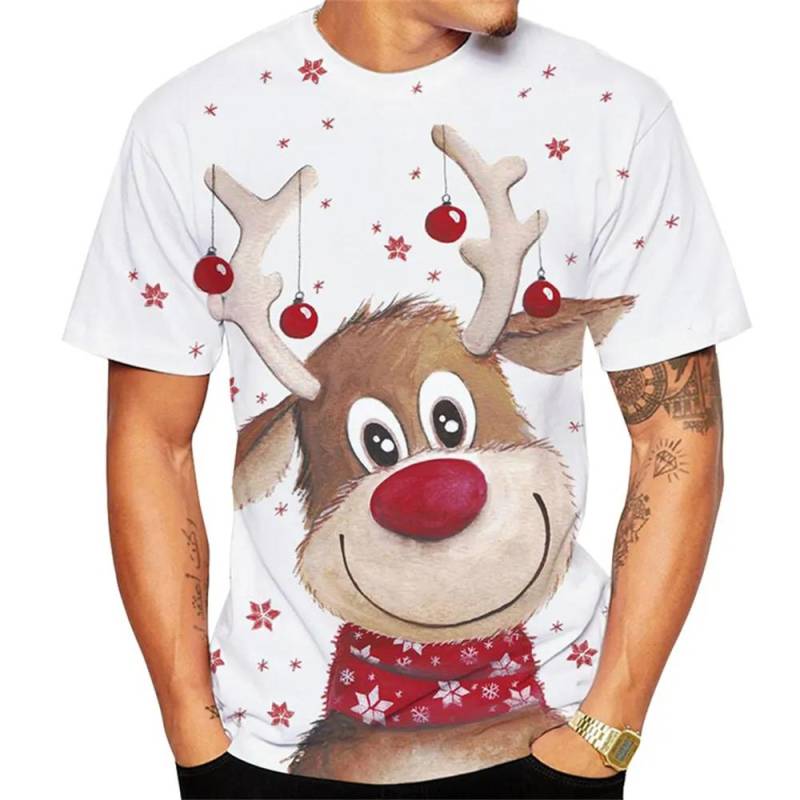 Weihnachtselch 3D-Druck-T-Shirt für Männer Weihnachten Harajuku Streetwear Fashion O-Ausschnitt Kurzarmoberteile Neujahrsgeschenk Übergroße T-Shirts 2XL von Joom DACH