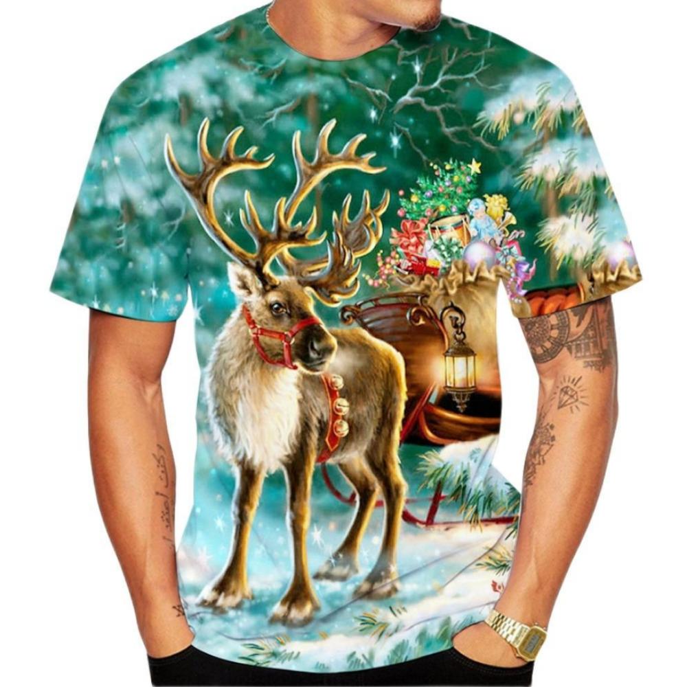 Weihnachtselch 3D-Druck-T-Shirt für Männer Weihnachten Harajuku Streetwear Fashion O-Ausschnitt Kurzarmoberteile Neujahrsgeschenk Übergroße T-Shirts 2XL von Joom DACH