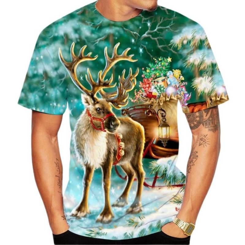 Weihnachtselch 3D-Druck-T-Shirt für Männer Weihnachten Harajuku Streetwear Fashion O-Ausschnitt Kurzarmoberteile Neujahrsgeschenk Übergroße T-Shirts 2XL von Joom DACH