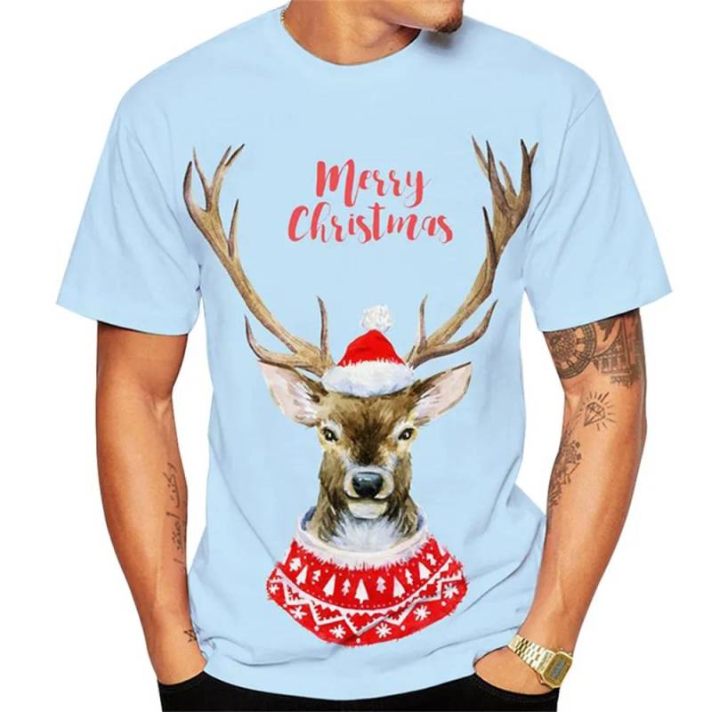Weihnachtselch 3D-Druck-T-Shirt für Männer Weihnachten Harajuku Streetwear Fashion O-Ausschnitt Kurzarmoberteile Neujahrsgeschenk Übergroße T-Shirts XL von Joom DACH