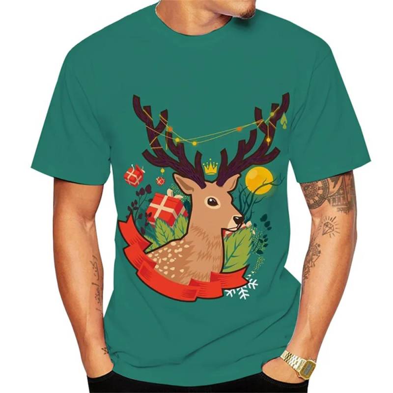 Weihnachtselch 3D-Druck-T-Shirt für Männer Weihnachten Harajuku Streetwear Fashion O-Ausschnitt Kurzarmoberteile Neujahrsgeschenk Übergroße T-Shirts XL von Joom DACH