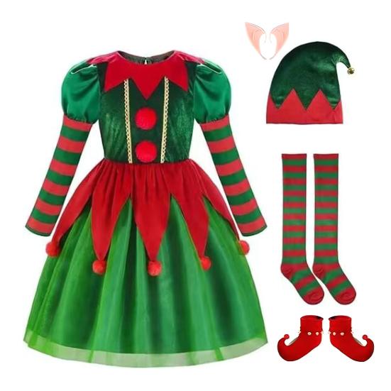Weihnachtself Kostümset Jungen Mädchen Festliches Elfenoutfit Kinder Klassisch Rot Grün Elfenmütze Strümpfe Set Verkleidungskleidung für Partys Cosplay Aufführung Girl 110cm von Joom DACH