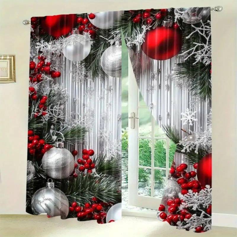 Weihnachtsfreude Halbpolyester Vorhang 3D Digitaldruck Lichtfilternde Fensterdekoration für festliche Heimdeko, Stangentaschendesign 50W160H(CM)x2Panel&Grommet Top von Joom DACH
