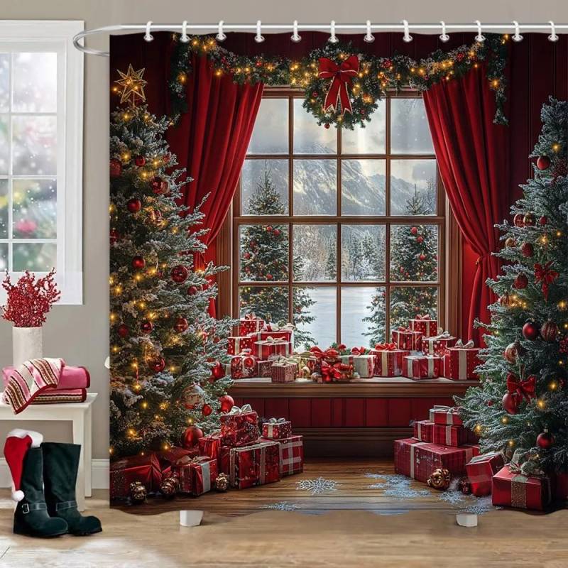Weihnachtsgeschenke Duschvorhang Weihnachtsbaum Winterwald Zeder Naturlandschaft Home Wandbehang Stoff Badezimmer Vorhänge Dekor 150x180cm von Joom DACH