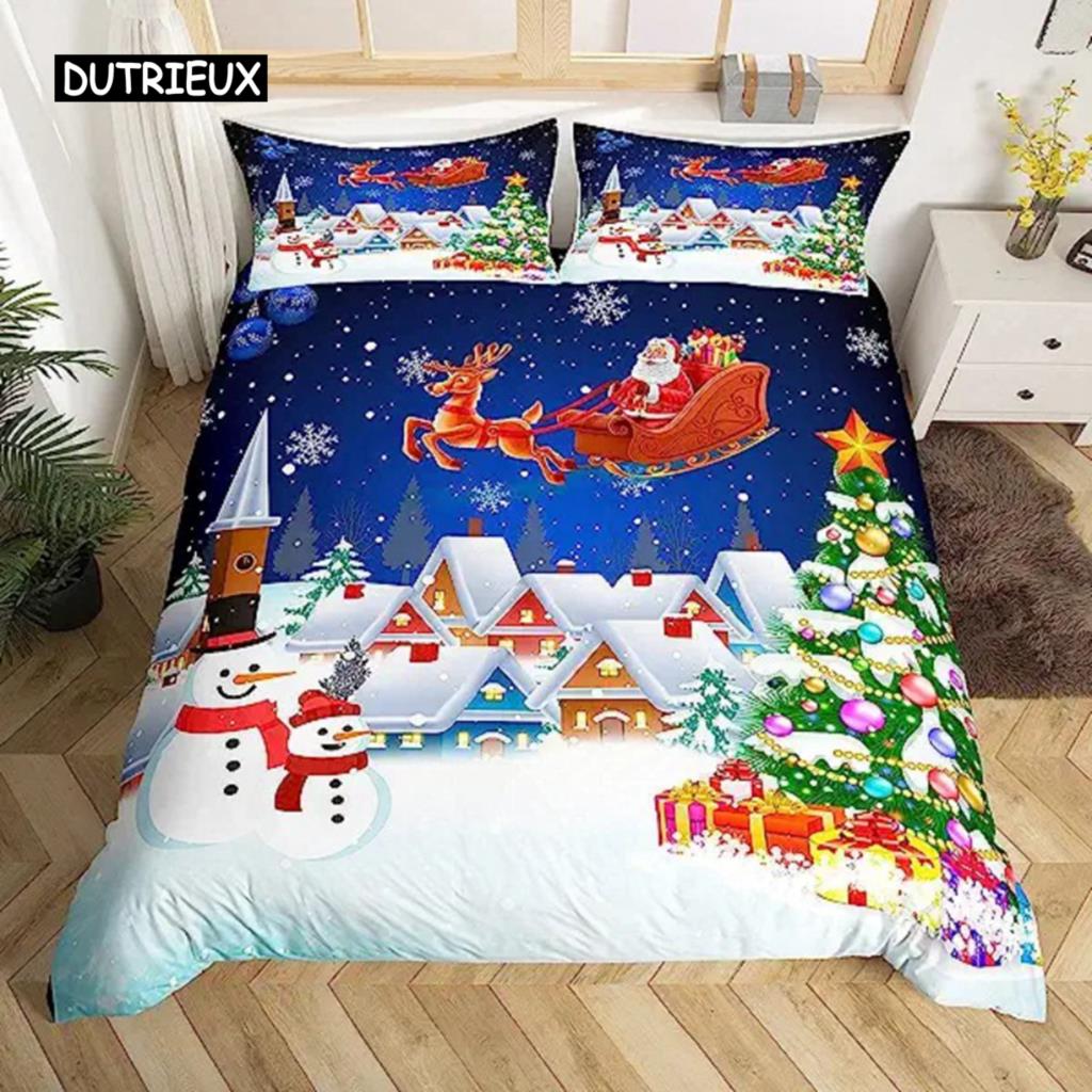 Weihnachtsmann-Bettbezug, Weihnachtsthema, Frohe Weihnachten, Bettwäsche-Set für Kinder, Jungen und Mädchen, Luxus, Schneeflocken, Rot, Grün, Weihnachtszimmerdekor EU single(135x200cm) von Joom DACH
