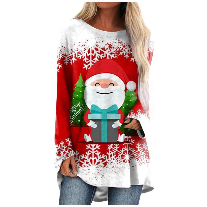 Weihnachtsmann-Rentier-T-Shirt Weihnachten 3D-Druck Damen Langarm-T-Shirts Streetwear Übergroße T-Shirts Frau Tunika Tops Kleidung 2XL von Joom DACH