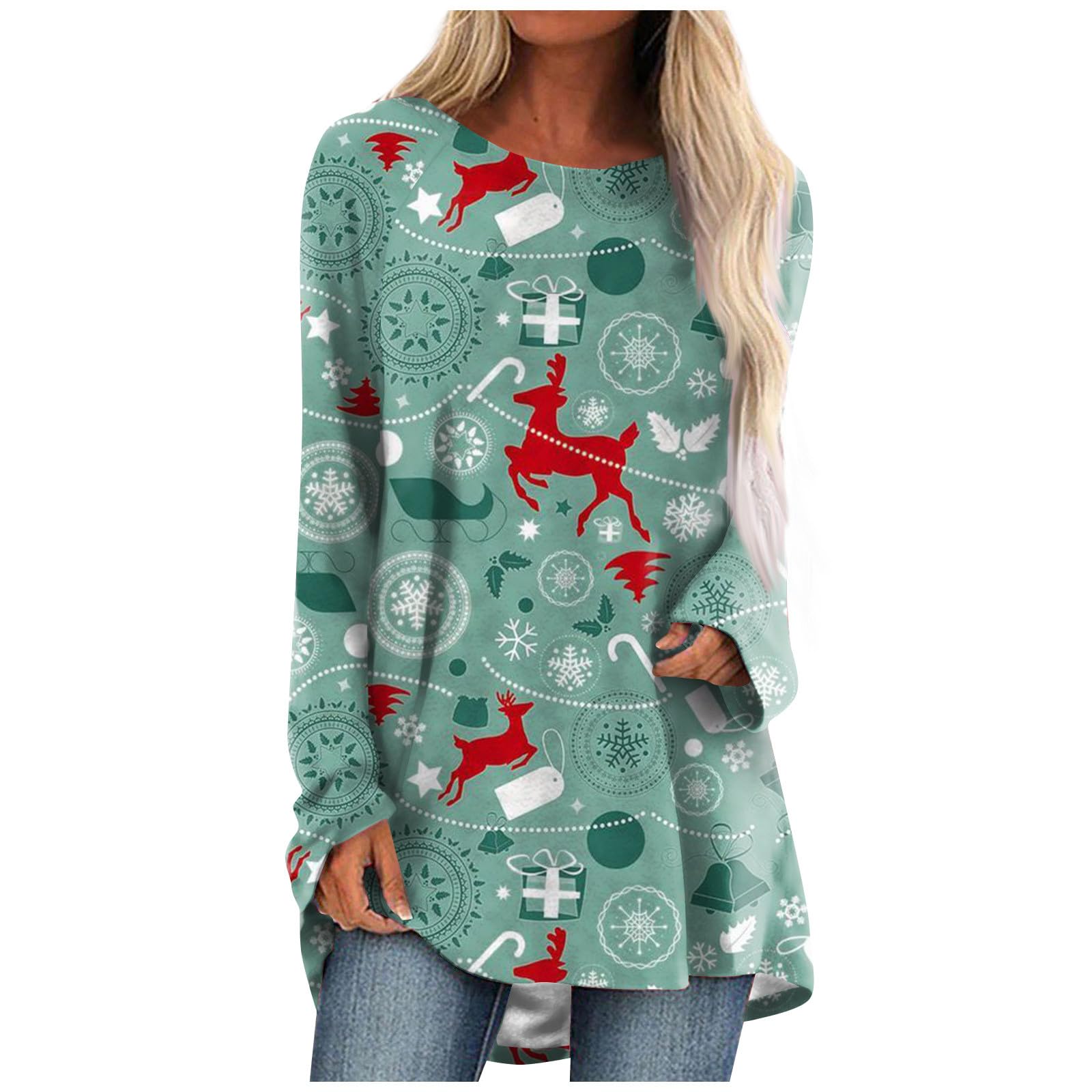 Weihnachtsmann-Rentier-T-Shirt Weihnachten 3D-Druck Damen Langarm-T-Shirts Streetwear Übergroße T-Shirts Frau Tunika Tops Kleidung 3XL von Joom DACH