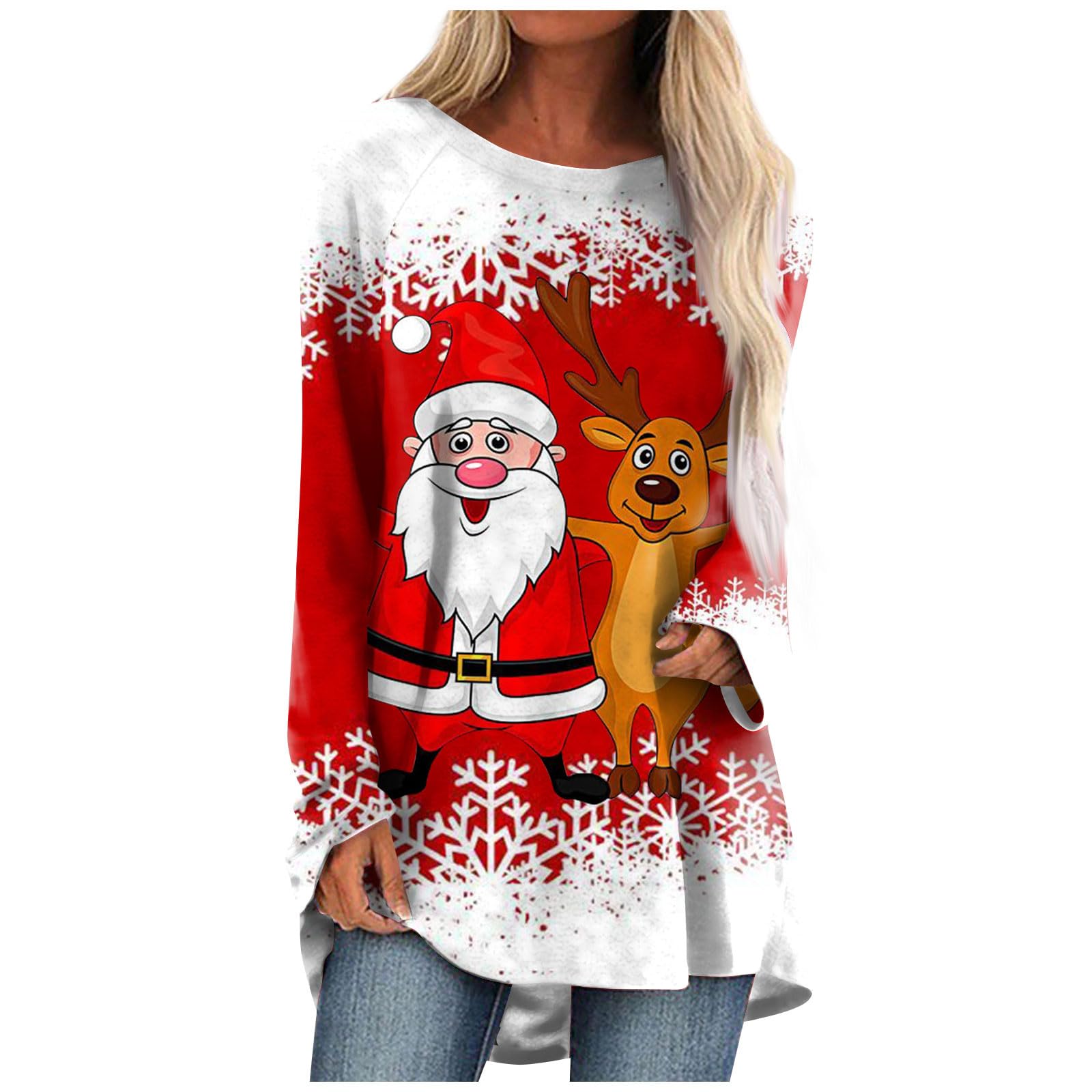 Weihnachtsmann-Rentier-T-Shirt Weihnachten 3D-Druck Damen Langarm-T-Shirts Streetwear Übergroße T-Shirts Frau Tunika Tops Kleidung 6XL von Joom DACH