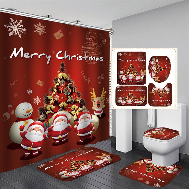 Weihnachtsmann-Weihnachts-Duschvorhang-Set, Badematte, rutschfester Teppich, Badezimmer-Trennwand, wasserdicht, Heimdekoration, Cortinas Para BañO Only 3Pcs Mat set von Joom DACH