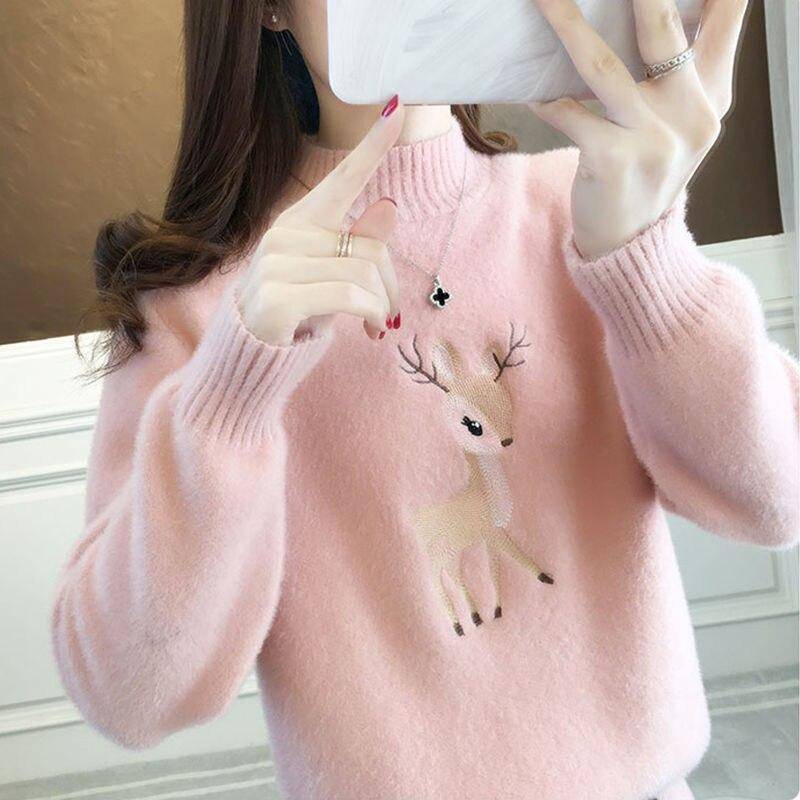 Weihnachtspullover Damen Faux Nerz Kaschmir Halbhoher Kragen Pullover Fleece Winterkleidung Stickerei Hirsch Warmer Pullover M rosa von Joom DACH