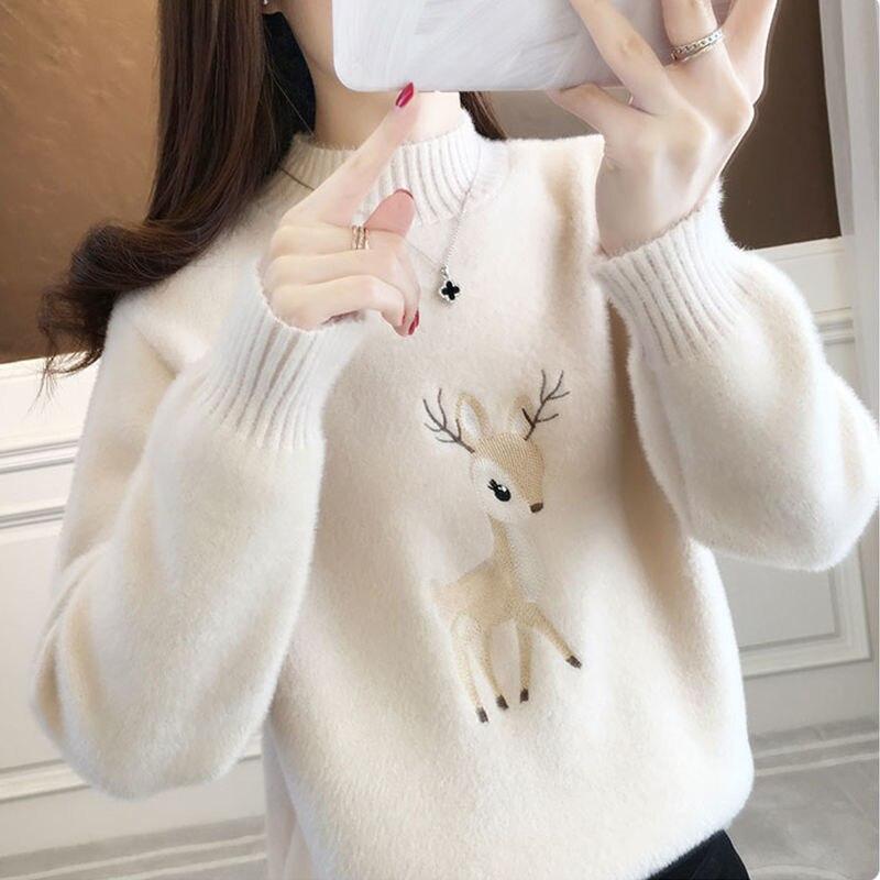 Weihnachtspullover Damen Faux Nerz Kaschmir Halbhoher Kragen Pullover Fleece Winterkleidung Stickerei Hirsch Warmer Pullover M von Joom DACH